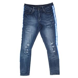 rue21 Premium Skinny Jeans Mens 28x30 Dark Wash Blue Distressed Side Stripe